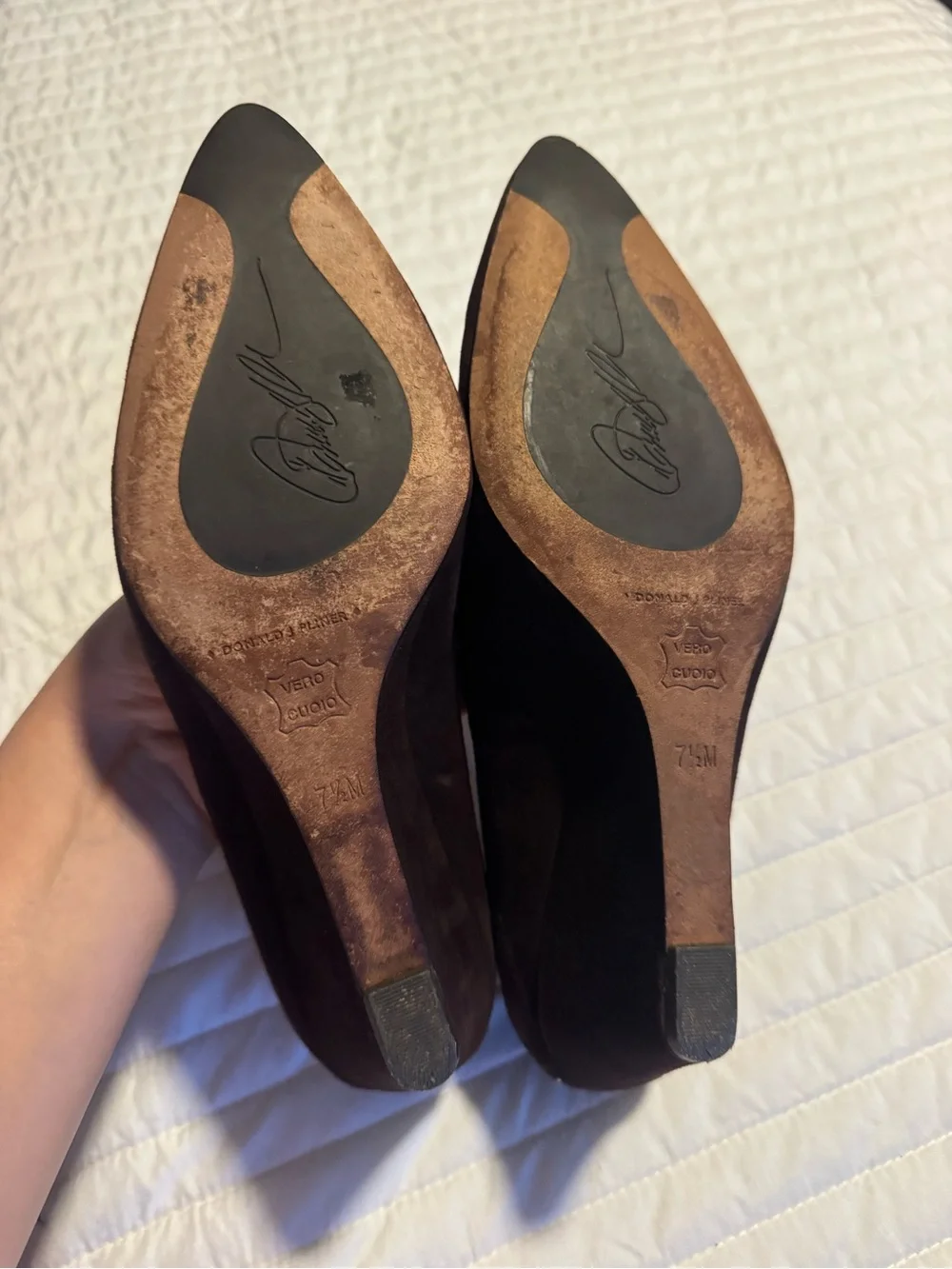 donald j pliner brown suede leather pointed toe wedge pumps size 7.5 m